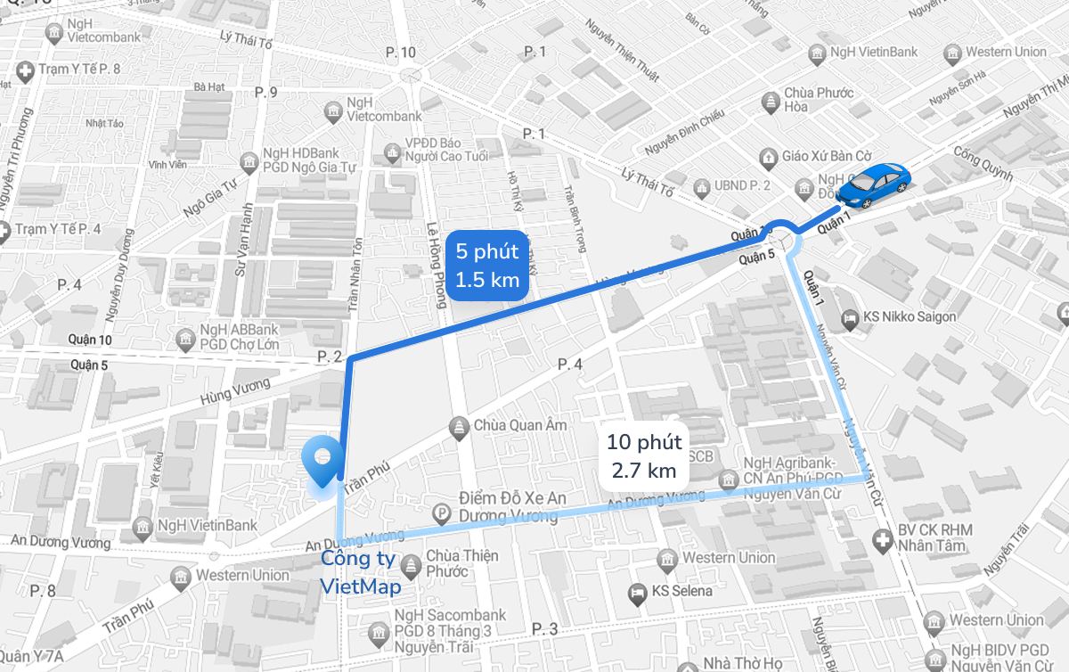 VIETMAP Dẫn đường thông minh - Routing - Xác định tuyến đường tối ưu, tính thời gian và khoảng cách di chuyển cho nhiều loại phương tiện.