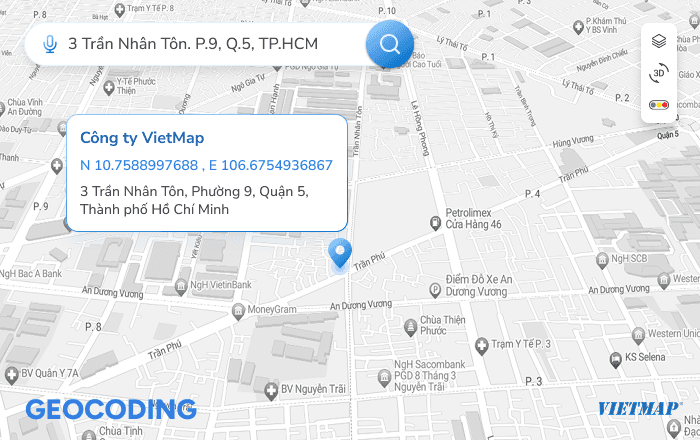 VIETMAP Dịch vụ tìm kiếm thông minh Hover Effect - Dịch vụ xác định vị trí địa lý (kinh độ – vĩ độ) từ thông tin địa chỉ, địa điểm mà người dùng tìm kiếm trên bản đồ.