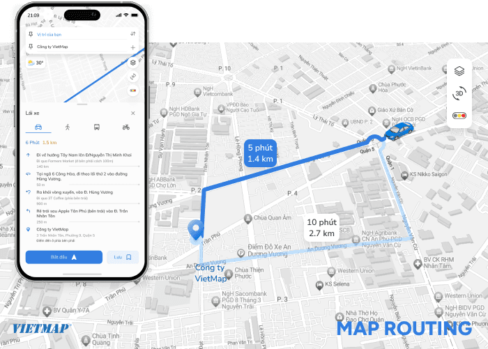 VIETMAP Dẫn đường thông minh Hover Effect - Xác định tuyến đường tối ưu, tính thời gian và khoảng cách di chuyển cho nhiều loại phương tiện.