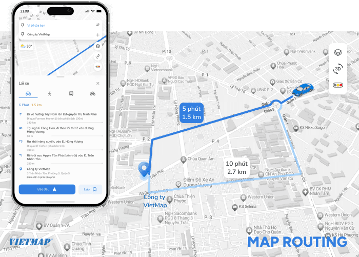 VIETMAP Dẫn đường thông minh - Xác định tuyến đường tối ưu, tính thời gian và khoảng cách di chuyển cho nhiều loại phương tiện.