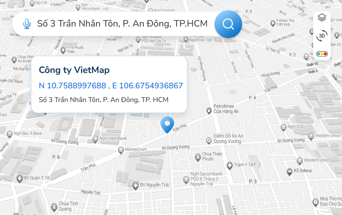 VIETMAP Solutions Tìm kiếm thông minh - Geocoding - Dịch vụ xác định vị trí địa lý (kinh độ – vĩ độ) từ thông tin địa chỉ, địa điểm mà người dùng tìm kiếm trên bản đồ.